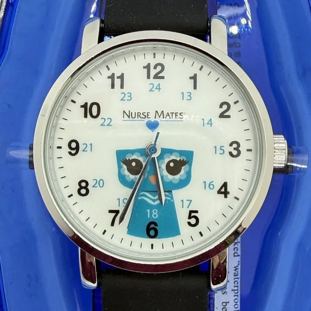 Nurse Mates Owl nurse watch water-resistant Silicone strap - Black White